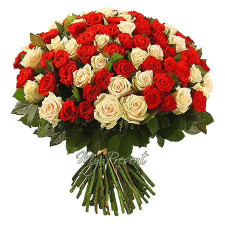 Букет із кремових та червоних троянд (50 см.)