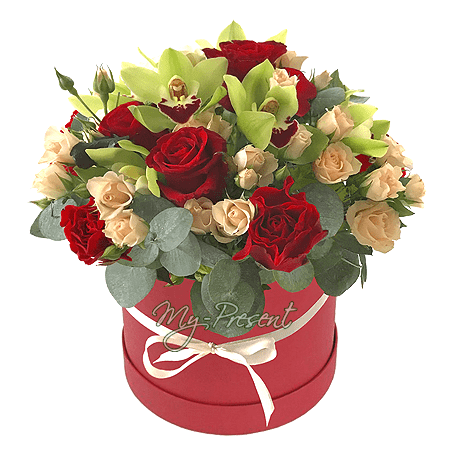Троянди з орхідеями в капелюшної коробки