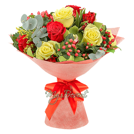 Букет з троянд, орхідей, альстромерій та гіперикуму
